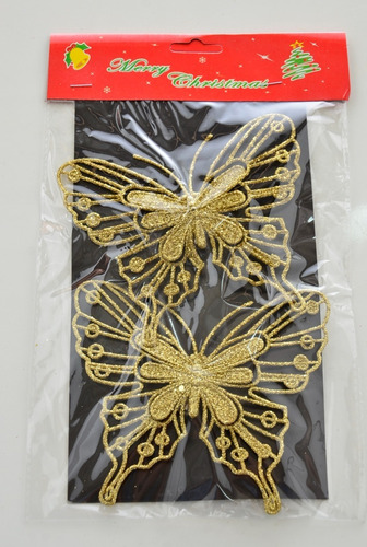 Enfeite Decorativo Conjunto 2 Borboleta Glitter Árvore Natal Cor Dourado