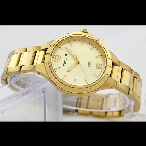 Relógio Seculus Feminino Long Lifeoriginal Pulso Correia Dourado Bisel Dourado Fundo Bege