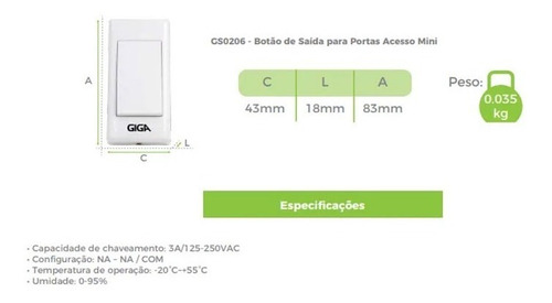 Imagem 2 de 5 de Botao De Saida Antichamas Giga Security Na/com 3a/ 125/250v