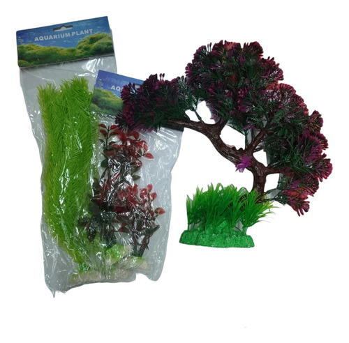 Pack Árbol + Plantas 30cm Y 20cm Adorno Acuario Pecera