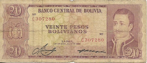 Bolivia  Billete 20 Boliviano Año 1962 B- Palermo