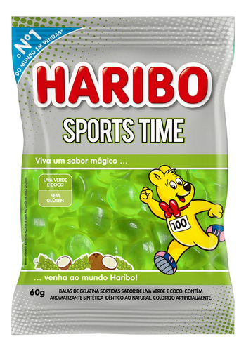 Bala Haribo Sports Time uva verde e coco sem glúten 60 g 