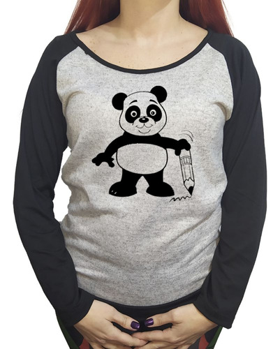 Buzo Lanilla Mujer  Oso Panda Con Un Lapiz Dibujo Animado