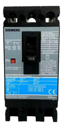 Interruptor Caja Moldeada 3p 100 Amp 600v Siemens Ed63b100mx