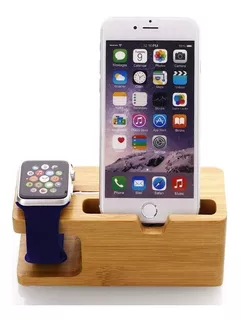 Base Soporte Carga Bamboo Apple Watch iPhone Stand 2 En 1