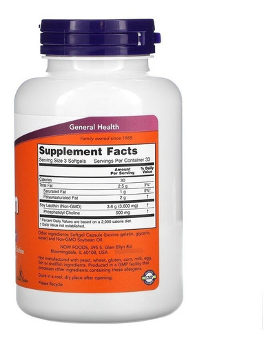 Imagen 2 de 3 de Lecitina De Soja Now Foods Colesterol Cerebro Menopausia Usa