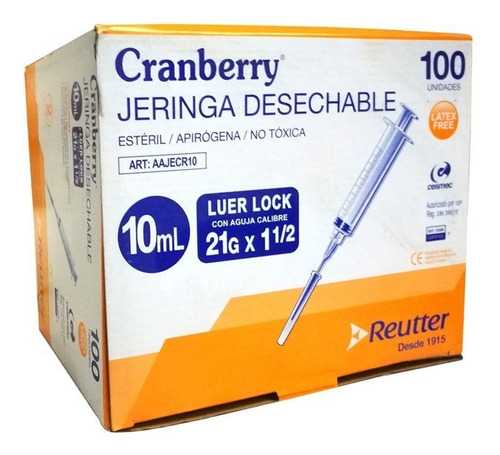 Cranberry Jeringa Desechable Luer Lock X100 Unidades - 10ml