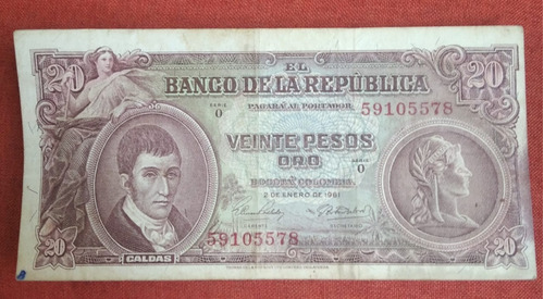 Billete Colombiano Antiguo De 20 Pesos Año 1961. S5578