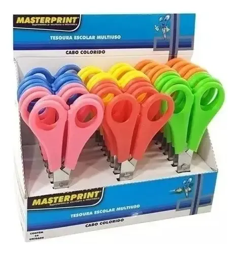 Kit Tesoura Escolar Multiuso Cabo Colorido 13cm Caixa 24 Un