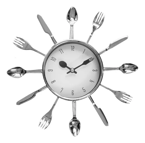 Reloj De Pared De Cocina Con Cubiertos Plata Y Blanco 20 Cms