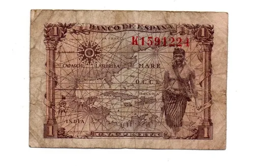España Billete 1 Peseta Año 1945 P#128 Isabel La Catolica (Usado)