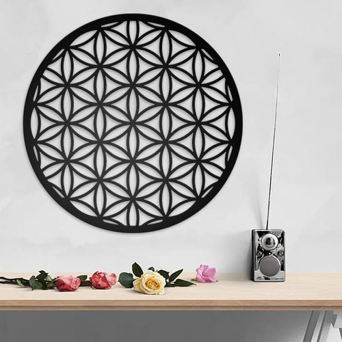 Mandala Flor De La Vida 39 Cms, Mdf Pintado Negro 3mm