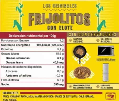 15 Deliciosos Frijoles Garibaldi Con Elote 420gramos C/u