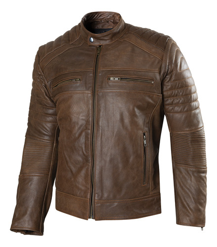 Chaqueta De Cuero Moto. Protecciones Forro Removible. Café