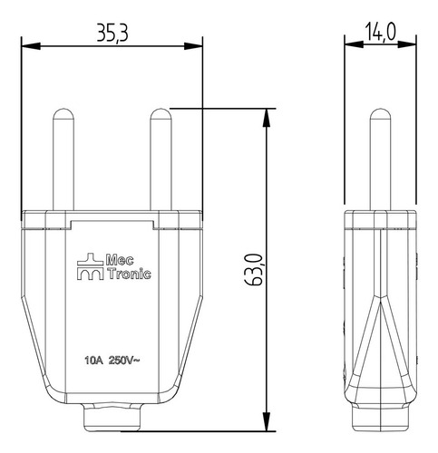 Pino Plugue Plug Macho 2 Pinos Maciço 10a Cinza Mectronic