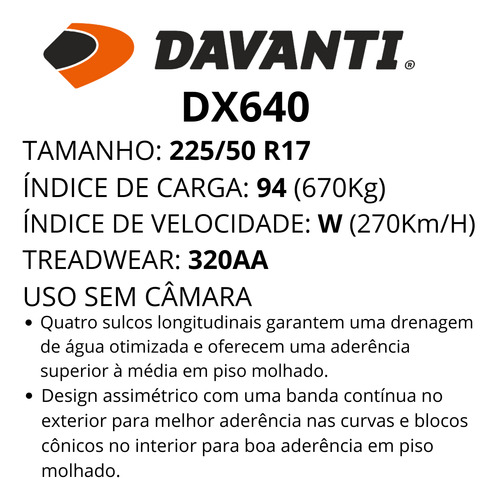 2 Pneu 225/50r17 Dx640 Davanti Jetta Cerato Fusion Cruze Ds4