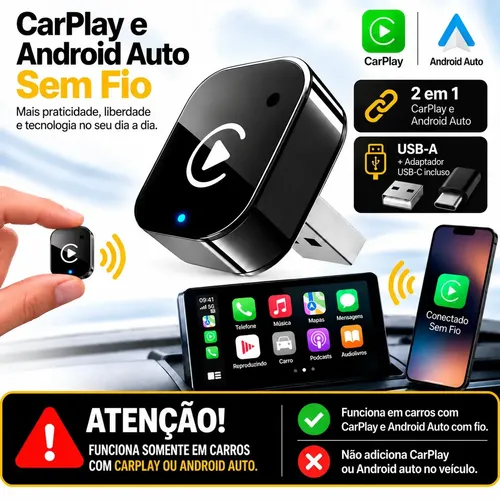 Adaptador CarPlay Sem Fio Android Auto 2 em 1 Compatível Carro Som Multimídia Portátil Plug And Play Automático Usb Wire