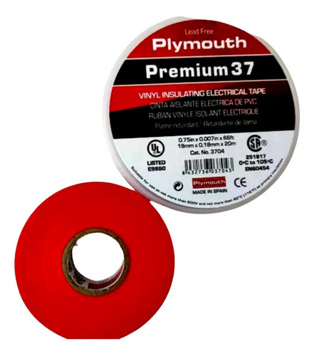 Cinta Aislante Pvc Premiun 37 Rojo. Plymouth