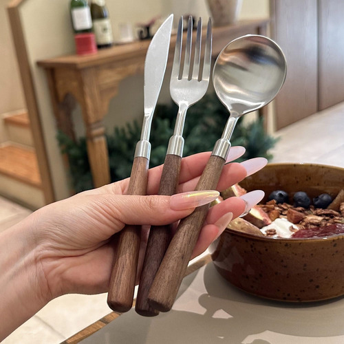 Juego De Cubiertos De Madera Y Acero Inoxidable 4 Piezas