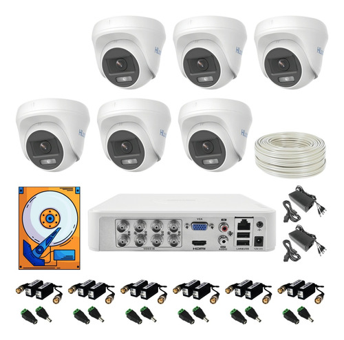 Kit 6 Camaras 1080p Hilook Colorvu Domo 100mts Utp 1tb