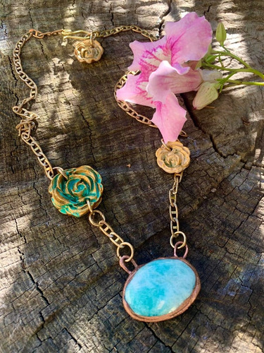 Imagen 6 de 10 de Collar De Flores Con Piedra Natural Amazonita, Bronce, Cod1