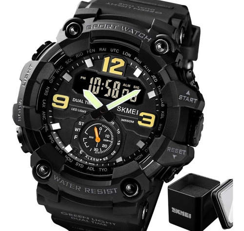 Reloj de pulsera Skmei 1637 de cuerpo color negro, analógico-digital, para hombre, fondo negro, con correa de poliuretano color negro, agujas color verde y negro y blanco, dial amarillo y blanco, subesferas color negro, minutero/segundero blanco, bisel color negro, luz verde y hebilla doble