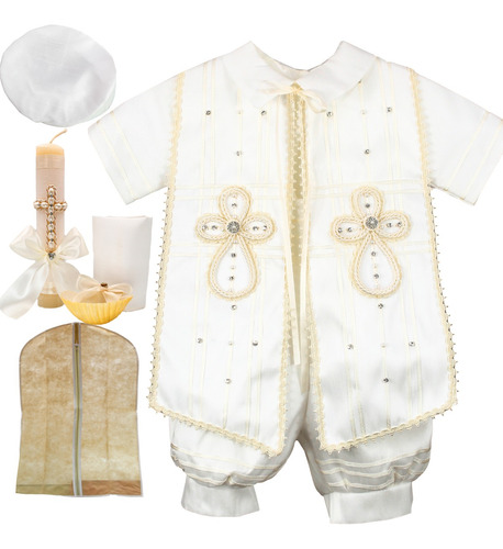 Traje Ropon Bautizo Niño + Kit Vela Traje Bautizo Bebé Oval Beige Talla 2 (12-24 Meses)