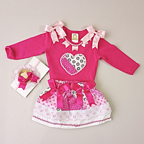 Conjunto Junino Bebê Pink Coração Body, Saia E Chapeuzinho