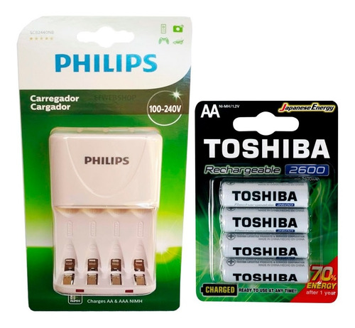 Imagem 1 de 5 de Carregador Philips Com 4 Pilhas Aa 2600 Mah Toshiba Rtu Pro