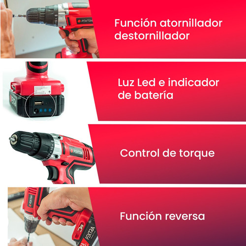 Taladro atornillador inalámbrico de 10mm Pektra PKTCD312 18V + accesorio 220V