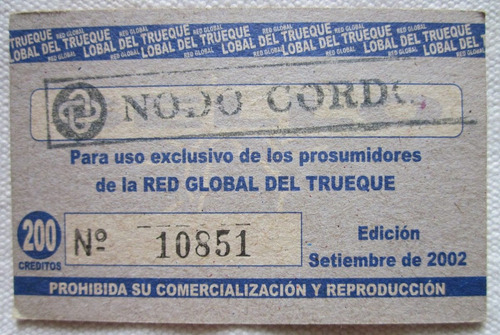 Billete Trueque Uruguay 200 Creditos Nodo Cordon