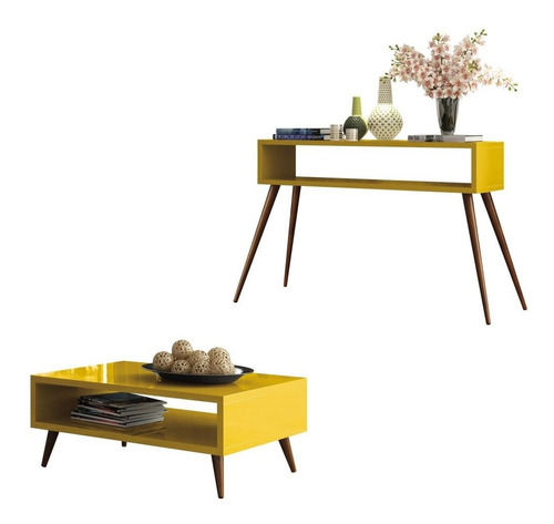 Mesa De Centro Lucy E Aparador Quad Com Pés Palito Amarelo -