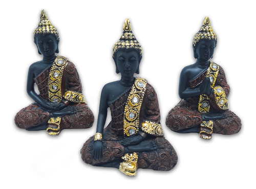 Trio De Budas Tailandeses Meditando Yoga Preto Marrom 12 Cm