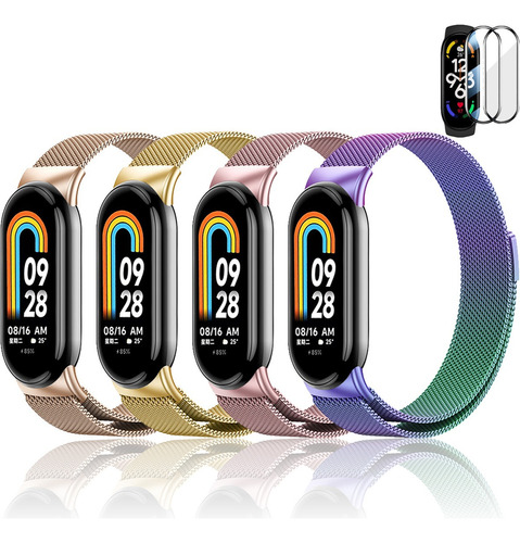 4 Correa Milanis Acero De Reloj + Mica Para Xiaomi Mi Band 8