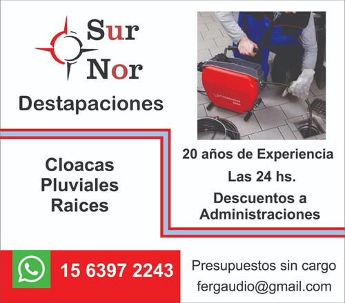 Imagen 1 de 4 de Destapaciones De Cañerias. Con Maquinas. Sur Nor.