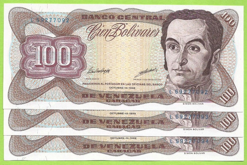 3 Billetes Consecutivos 100 Bolívares Octubre-13-1998 L8 Unc