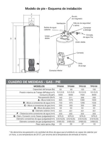 Imagen 4 de 6 de Termotanque Saiar Multigas 150litros Tpg150msa Pie Digiya