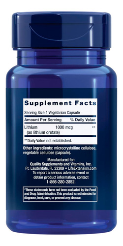Lithium 1000mcg Life Extension 100 Capsulas 3un Sabor Sem sabor