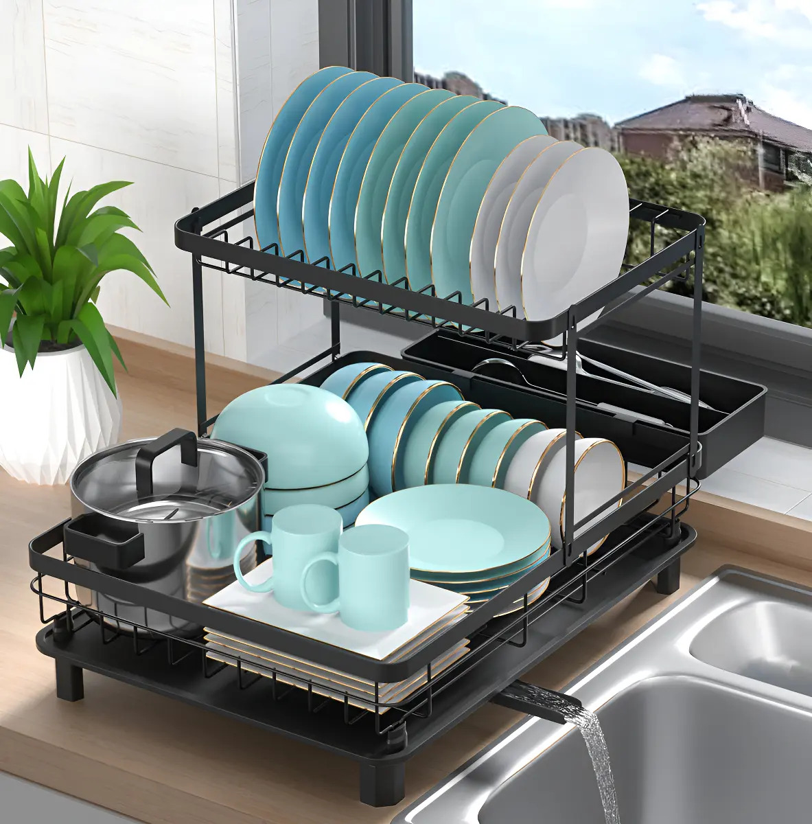 Escurridor Trastes Platos 2 Niveles 360° Drenaje Automático Color Negro