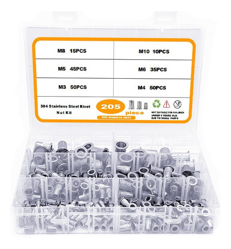 205pcs Tuerca De Remache De Cabeza Plana De Acero Inoxidable