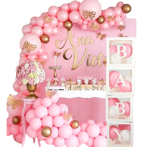 Arco De Globos Baby Shower Rosado + 4 Cubos Mobiliario