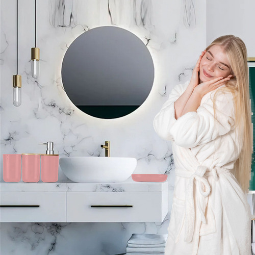 Accesorios De Baño 6 Piezas De Bambú De Lujo Wc Color Rosa Rosa