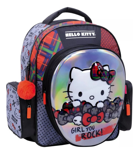 Mochila Escolar 14 PuLG Hello Kitty Wabro 35x28x12cm Orig Color Negro Diseño De La Tela Negro Rojo