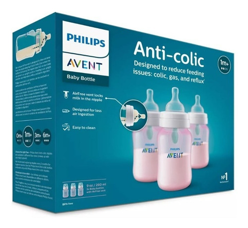 3 Biberones Avent Rosa De 9oz Con Válvula Airfree Scy703/13