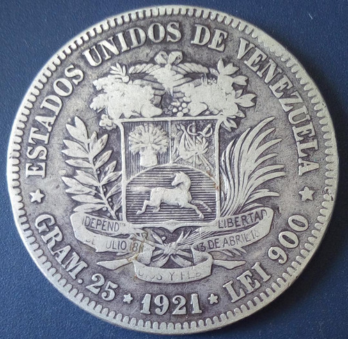 Moneda De 5 Bolívares De 1921 Fuerte De Plata