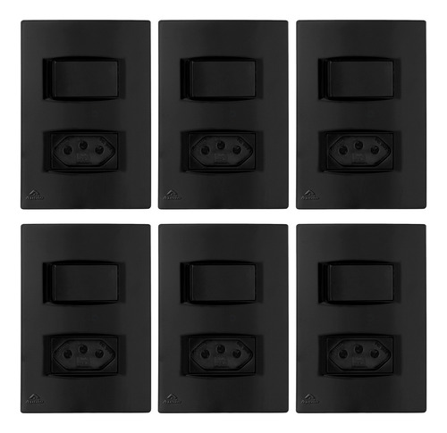 Kit 6 Interruptor Simples Com Tomada 10a Lissê Black Apoio