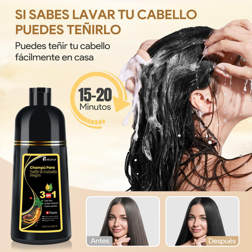 Black Hair Dye Shampoo 3 In 1, Shampoo Para Canas Con