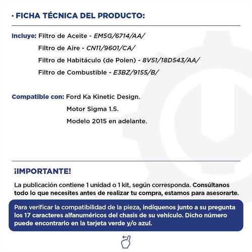 Imagen 2 de 9 de Kit 4 Filtros Completo Ford Ka 1.5 Sigma - Dragon Original