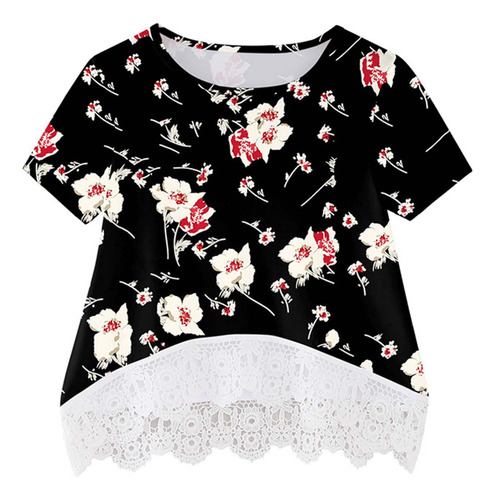 Camisa Cómoda Para Niñas Con Cuello Redondo Y Estampado Flor