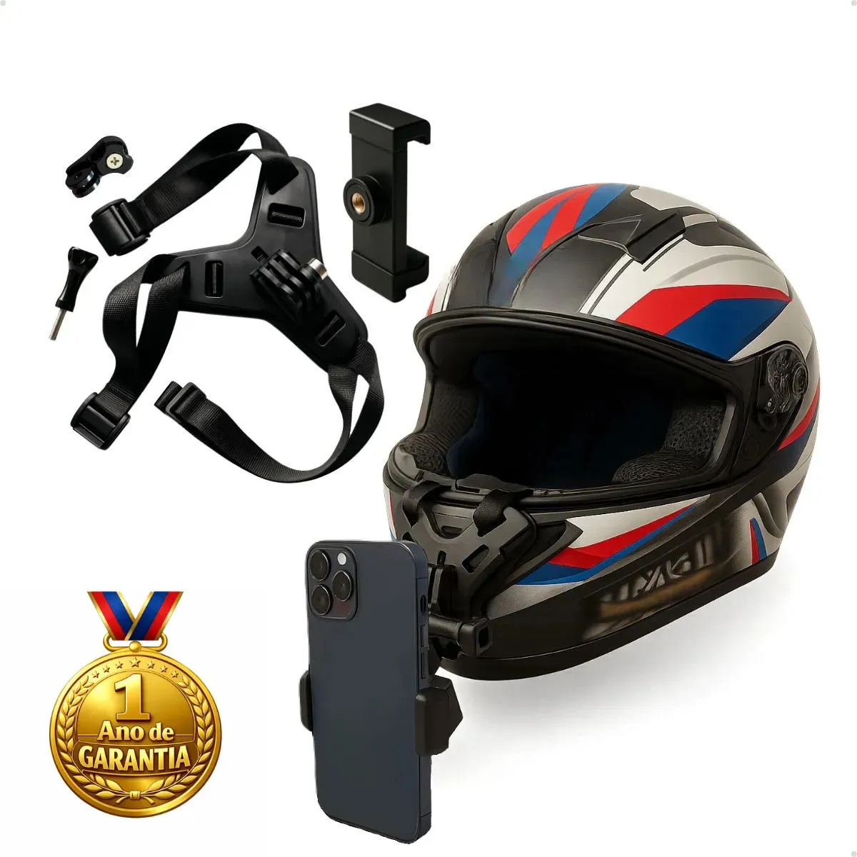 Suporte Capacete Moto Câmera Gopro Celular Galaxy Ios Queixo Cor Preto
